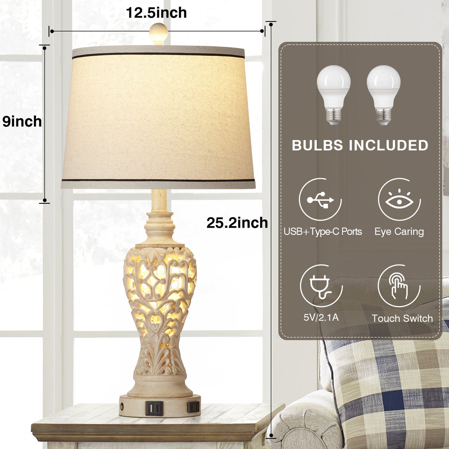 White Resin Nightlight Table Lamp 2in1 with USB Charging Port (Set of 2)