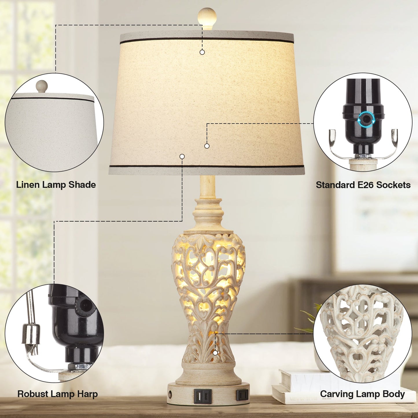White Resin Nightlight Table Lamp 2in1 with USB Charging Port (Set of 2)