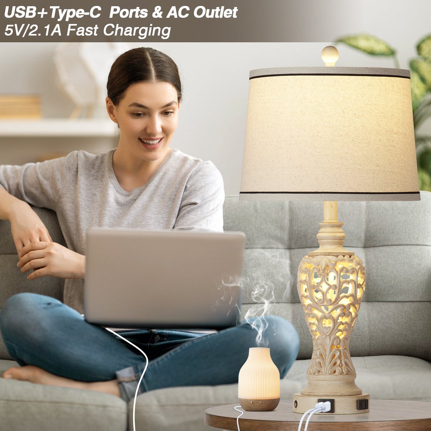 White Resin Nightlight Table Lamp 2in1 with USB Charging Port (Set of 2)