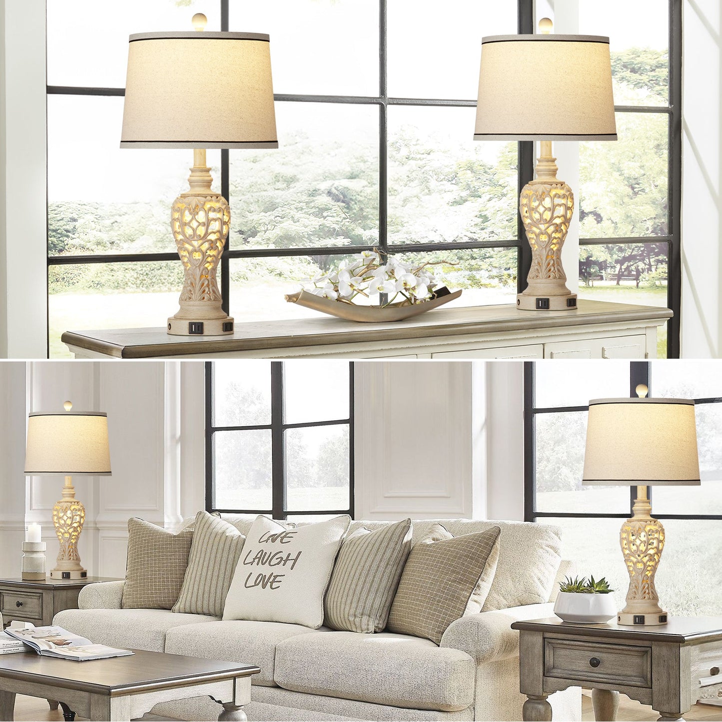 White Resin Nightlight Table Lamp 2in1 with USB Charging Port (Set of 2)