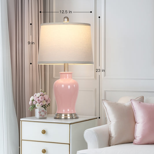 23‘’ Pink Ceramic Ginger Jar Table Lamp with White Fabric Shade and LED Bulb
