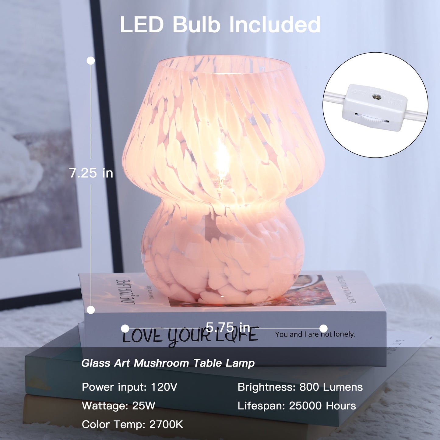 Dot Mushroom Style Pink Ripple Glass Table Lamp with In-line Switch