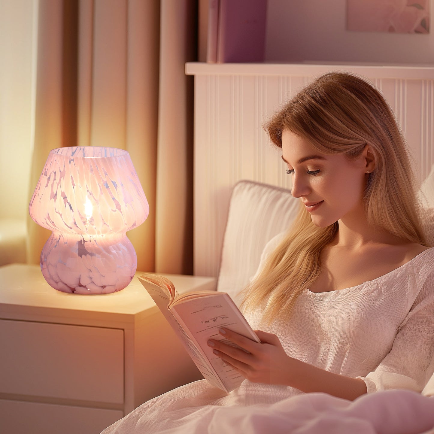 Dot Mushroom Style Pink Ripple Glass Table Lamp with In-line Switch