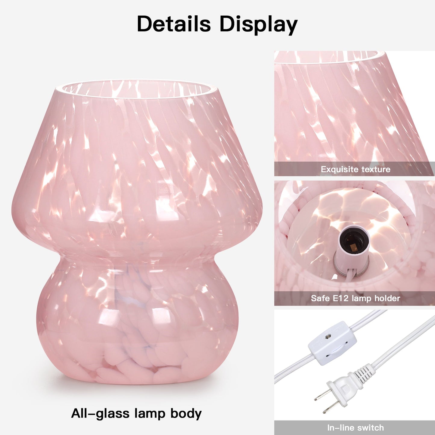 Dot Mushroom Style Pink Ripple Glass Table Lamp with In-line Switch