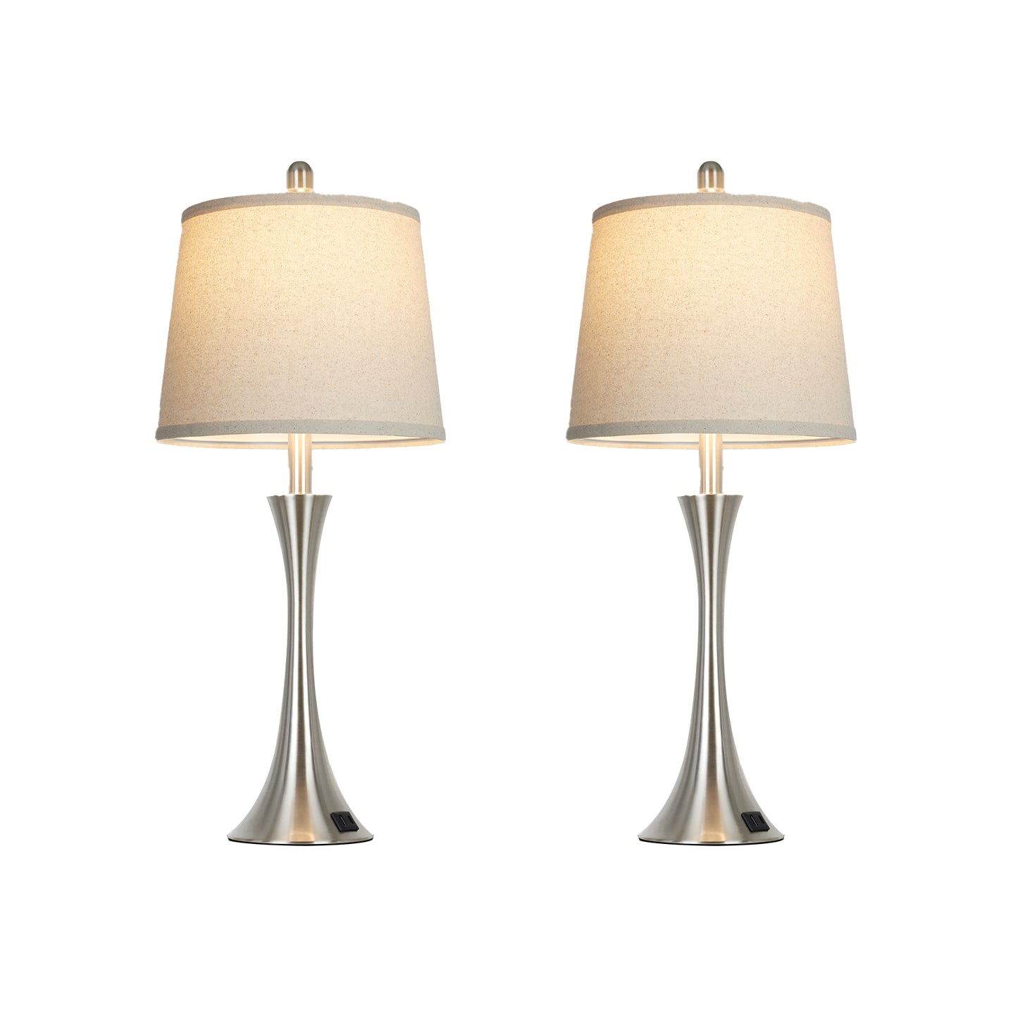 27.5'' Bedside Modern Table Lamp Oatmeal Linen Shade, Silver Nickel Base, E26 LED Dimmer Bulb, USB & Type-C Charging, Touch Switch (Set of 2)