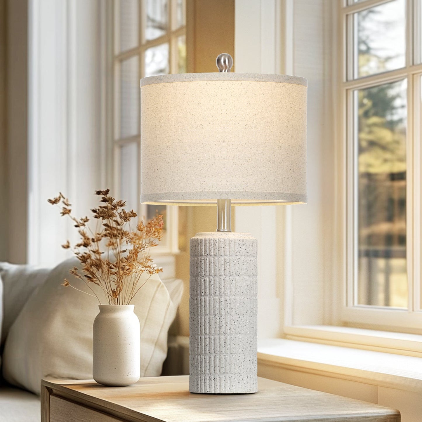 Bedside Milk-white Ceramic Cylinder Table Lamps White Shade LED Bulbs (Set of 2)