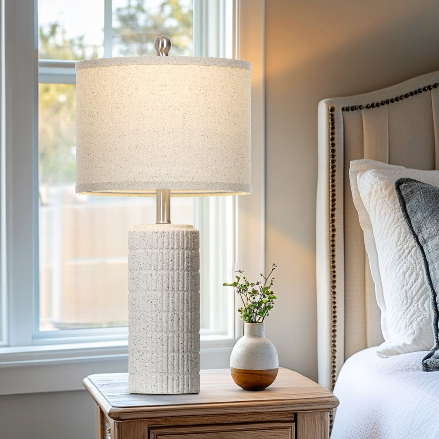 Bedside Milk-white Ceramic Cylinder Table Lamps White Shade LED Bulbs (Set of 2)