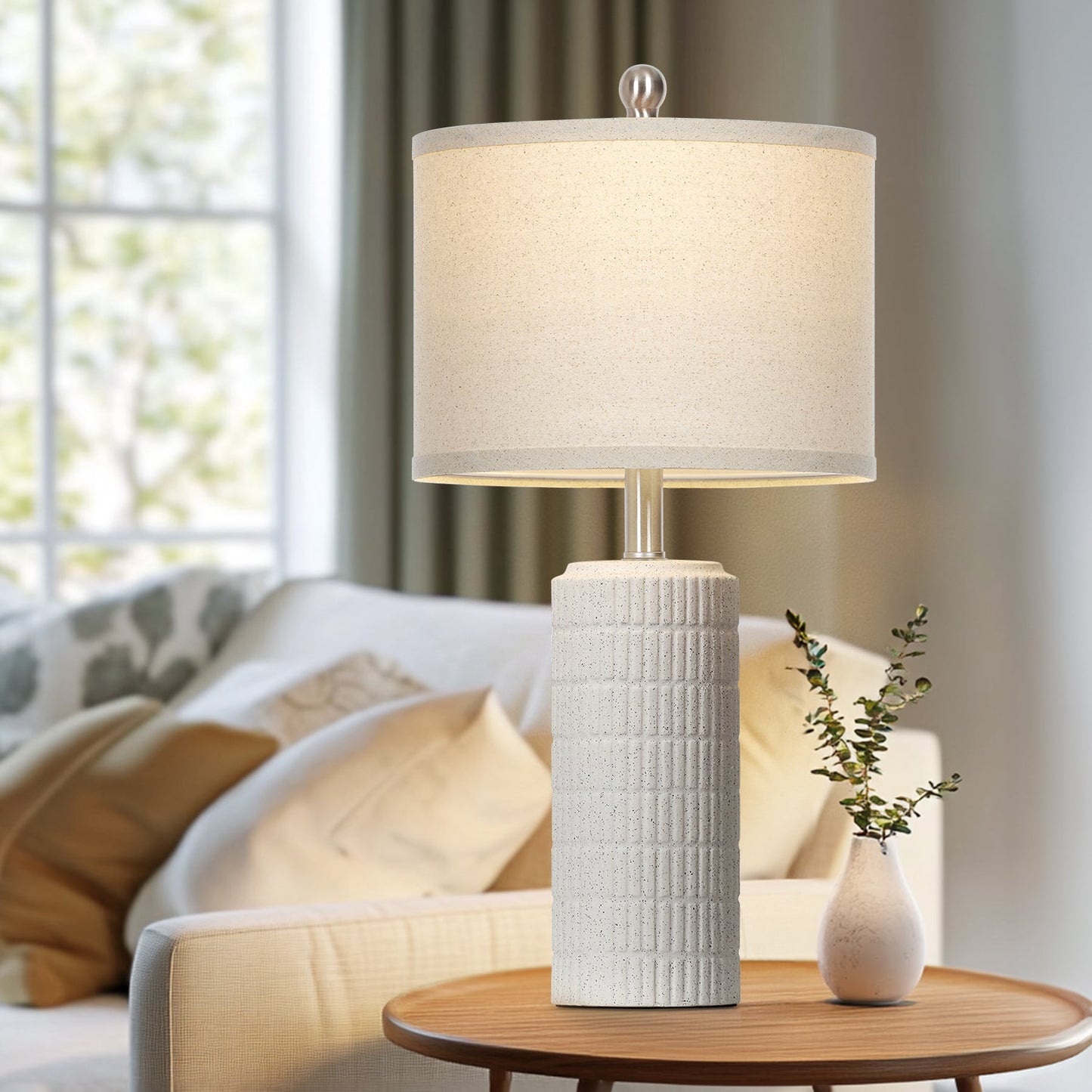 Bedside Milk-white Ceramic Cylinder Table Lamps White Shade LED Bulbs (Set of 2)