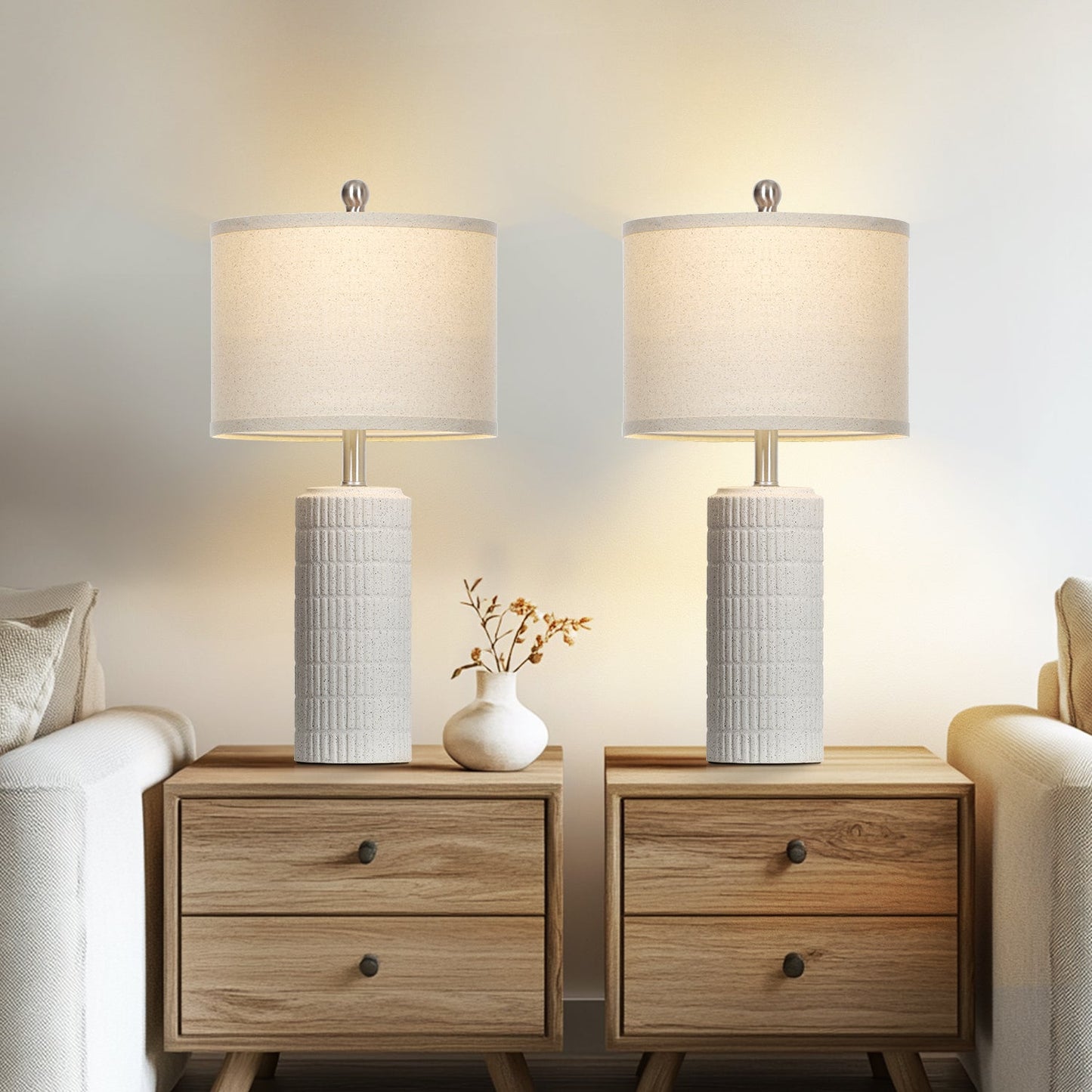 Bedside Milk-white Ceramic Cylinder Table Lamps White Shade LED Bulbs (Set of 2)