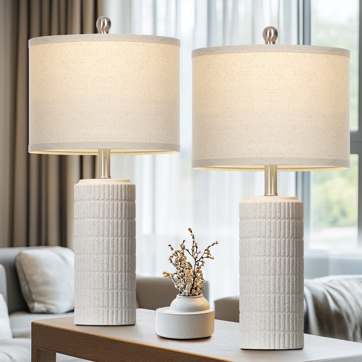 Bedside Milk-white Ceramic Cylinder Table Lamps White Shade LED Bulbs (Set of 2)