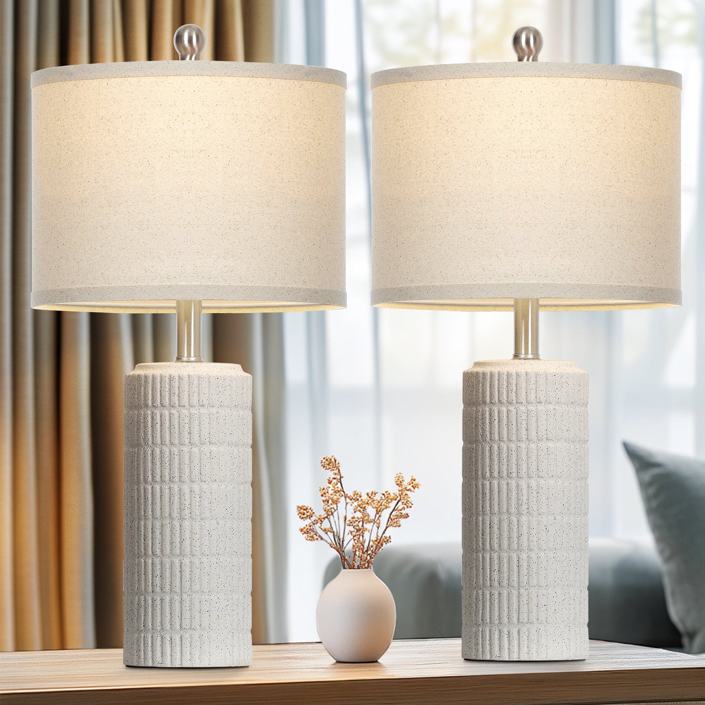 Bedside Milk-white Ceramic Cylinder Table Lamps White Shade LED Bulbs (Set of 2)