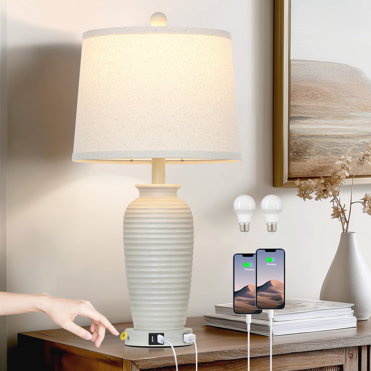 Resin Table Lamps with 3 - Way Touch Dimming, USB Ports and AC Outlet (1P)