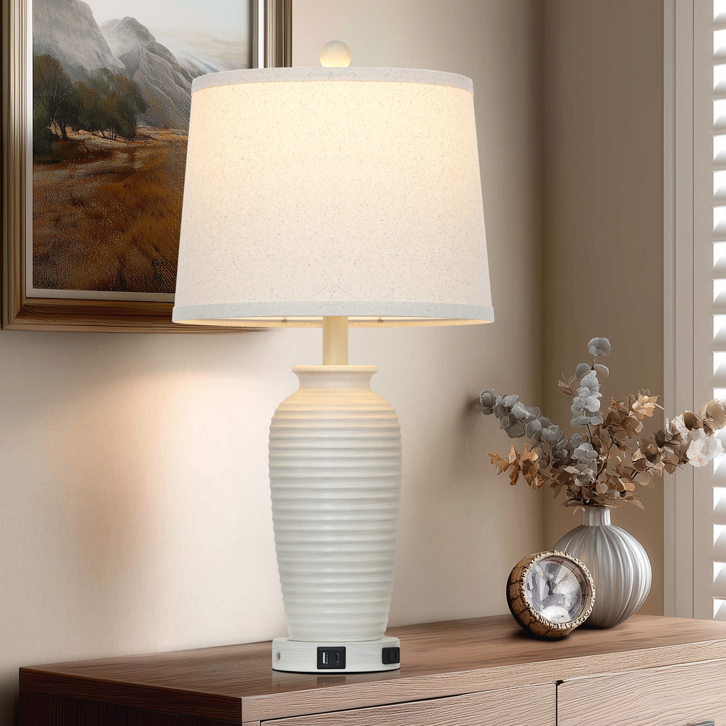 Resin Table Lamps with 3 - Way Touch Dimming, USB Ports and AC Outlet (1P)