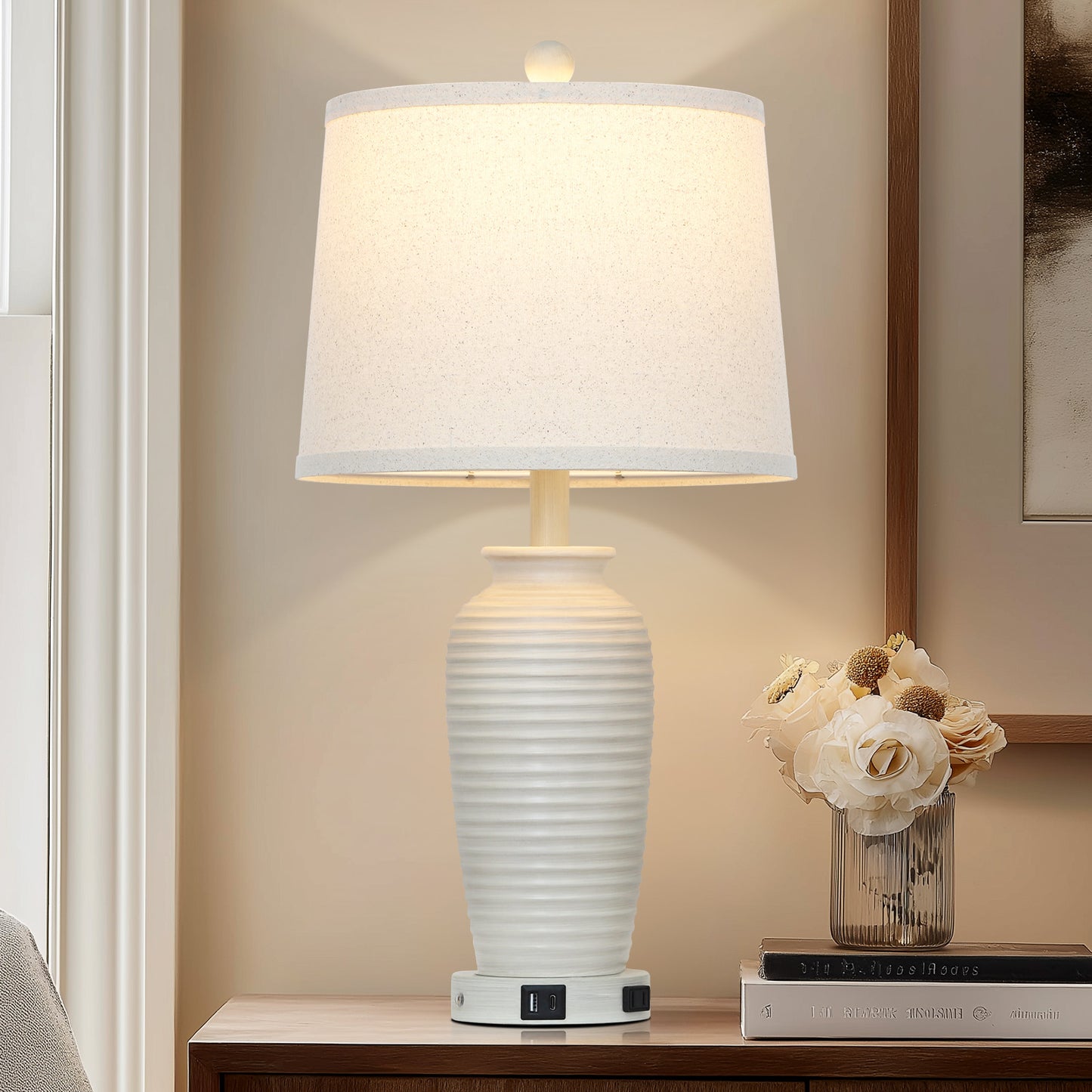 Resin Table Lamps with 3 - Way Touch Dimming, USB Ports and AC Outlet (1P)