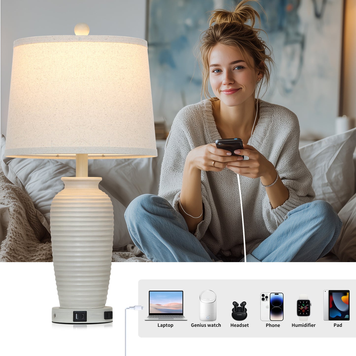Resin Table Lamps with 3 - Way Touch Dimming, USB Ports and AC Outlet (1P)