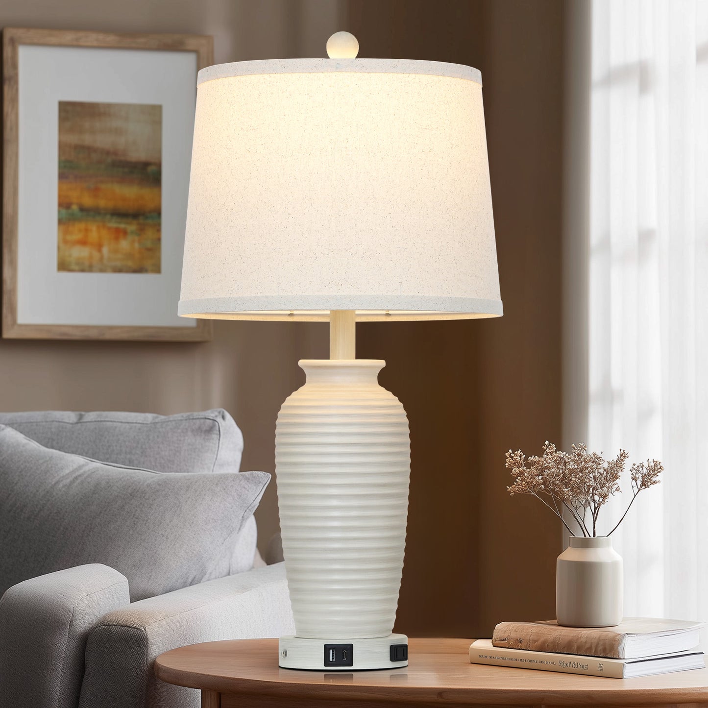 Resin Table Lamps with 3 - Way Touch Dimming, USB Ports and AC Outlet (1P)