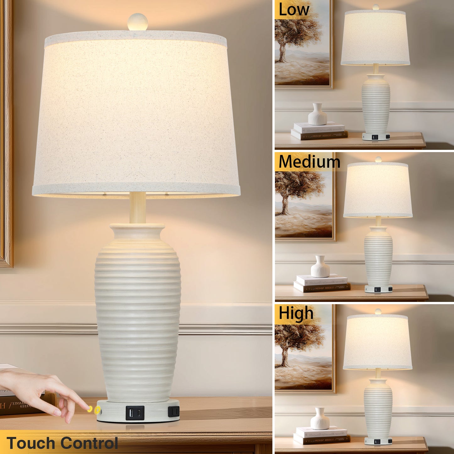 Resin Table Lamps with 3 - Way Touch Dimming, USB Ports and AC Outlet (1P)