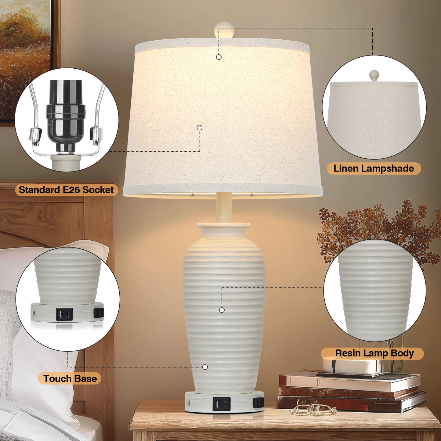 Resin Table Lamps with 3 - Way Touch Dimming, USB Ports and AC Outlet (1P)