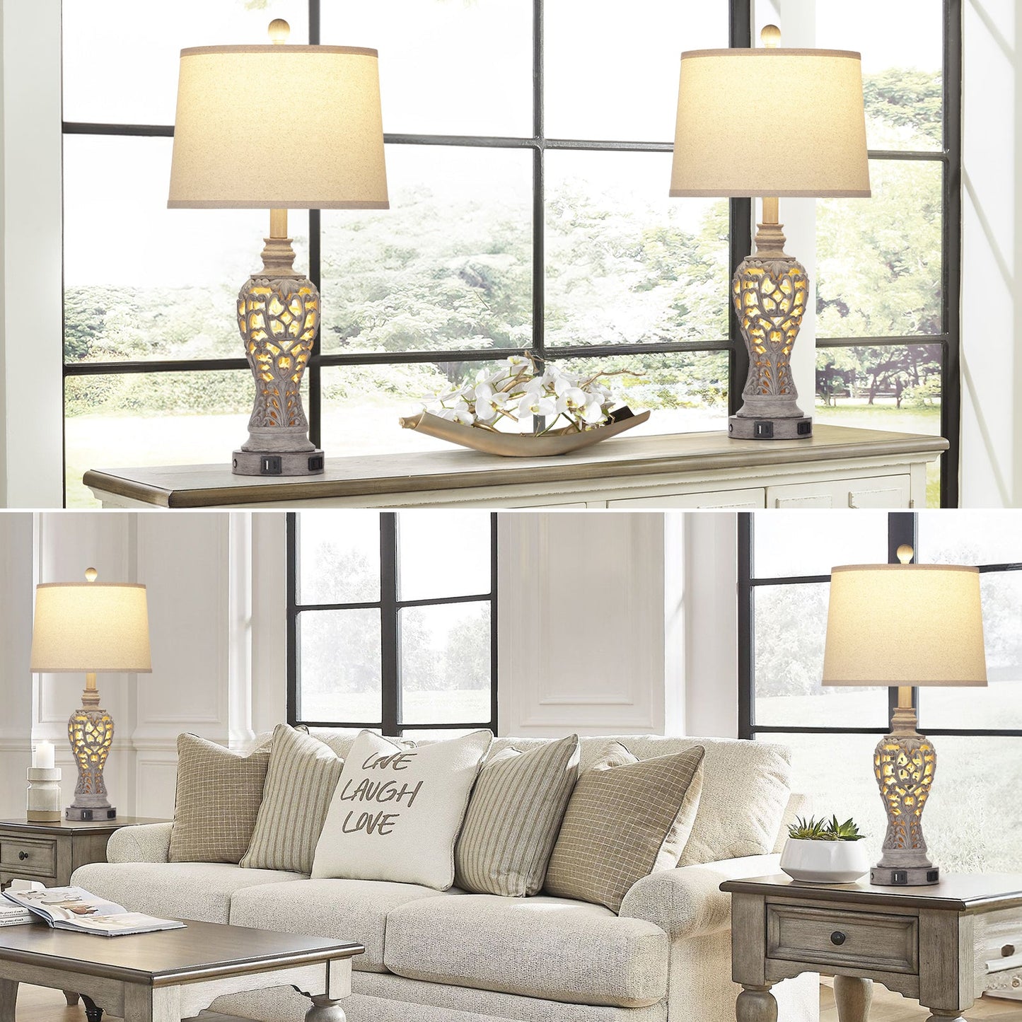 Grey Resin Nightlight Table Lamp 2in1 with 2 Independent Switches (Set of 2)