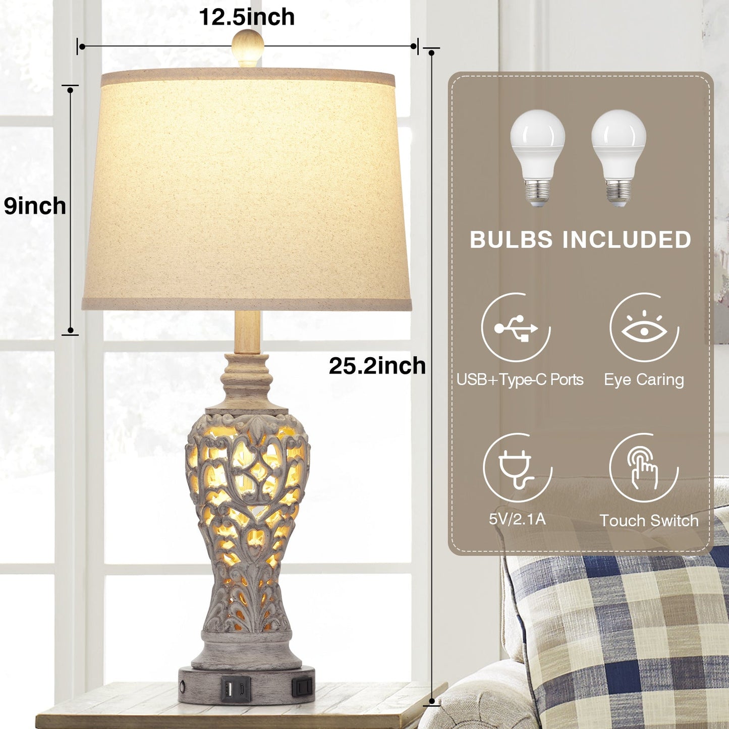 Grey Resin Nightlight Table Lamp 2in1 with 2 Independent Switches (Set of 2)