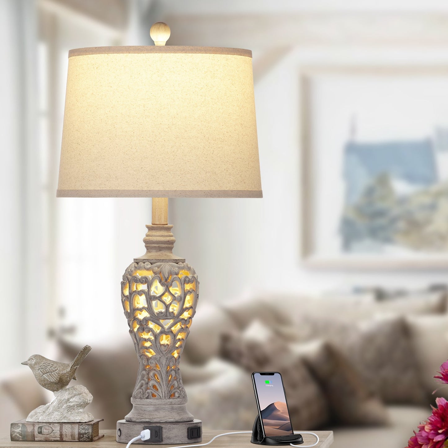 Grey Resin Nightlight Table Lamp 2in1 with 2 Independent Switches (Set of 2)