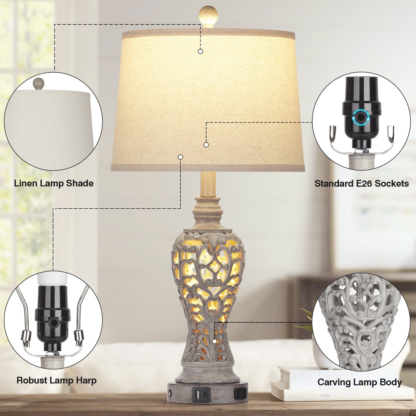 Grey Resin Nightlight Table Lamp 2in1 with 2 Independent Switches (Set of 2)