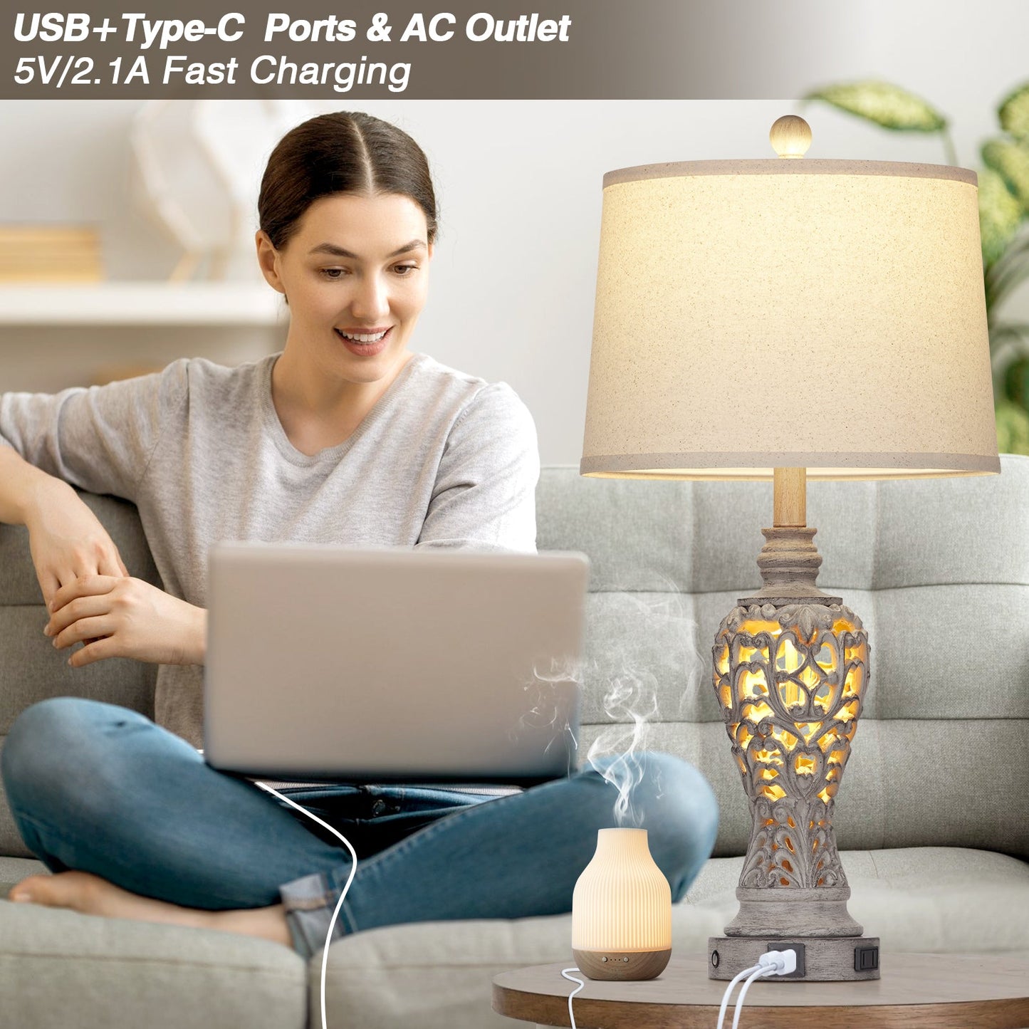 Grey Resin Nightlight Table Lamp 2in1 with 2 Independent Switches (Set of 2)