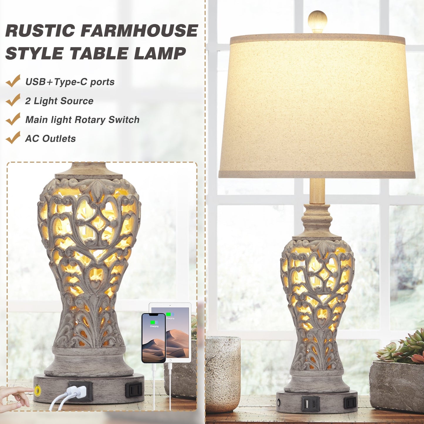 Grey Resin Nightlight Table Lamp 2in1 with 2 Independent Switches (Set of 2)