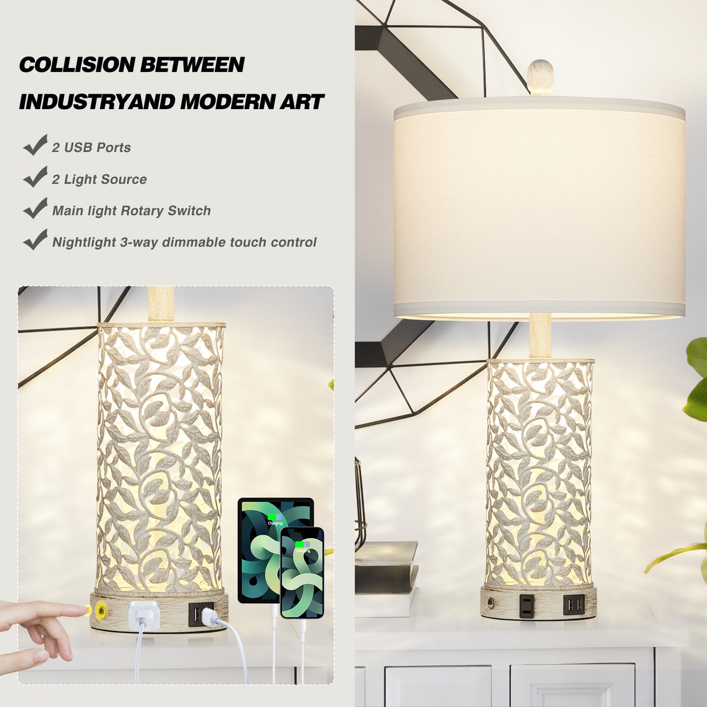 2-in-1 White and Gold Metal Table Lamp with Nightlight, USB Ports, AC Outlet and Touch Switch (Set of 2)