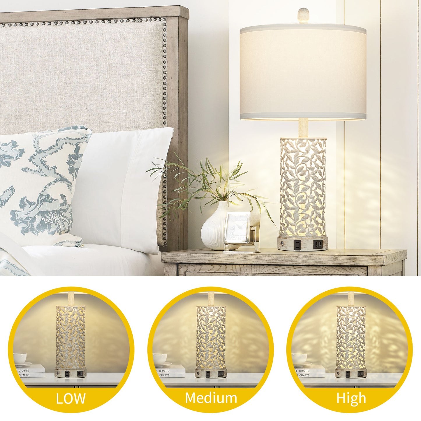 2-in-1 White and Gold Metal Table Lamp with Nightlight, USB Ports, AC Outlet and Touch Switch (Set of 2)