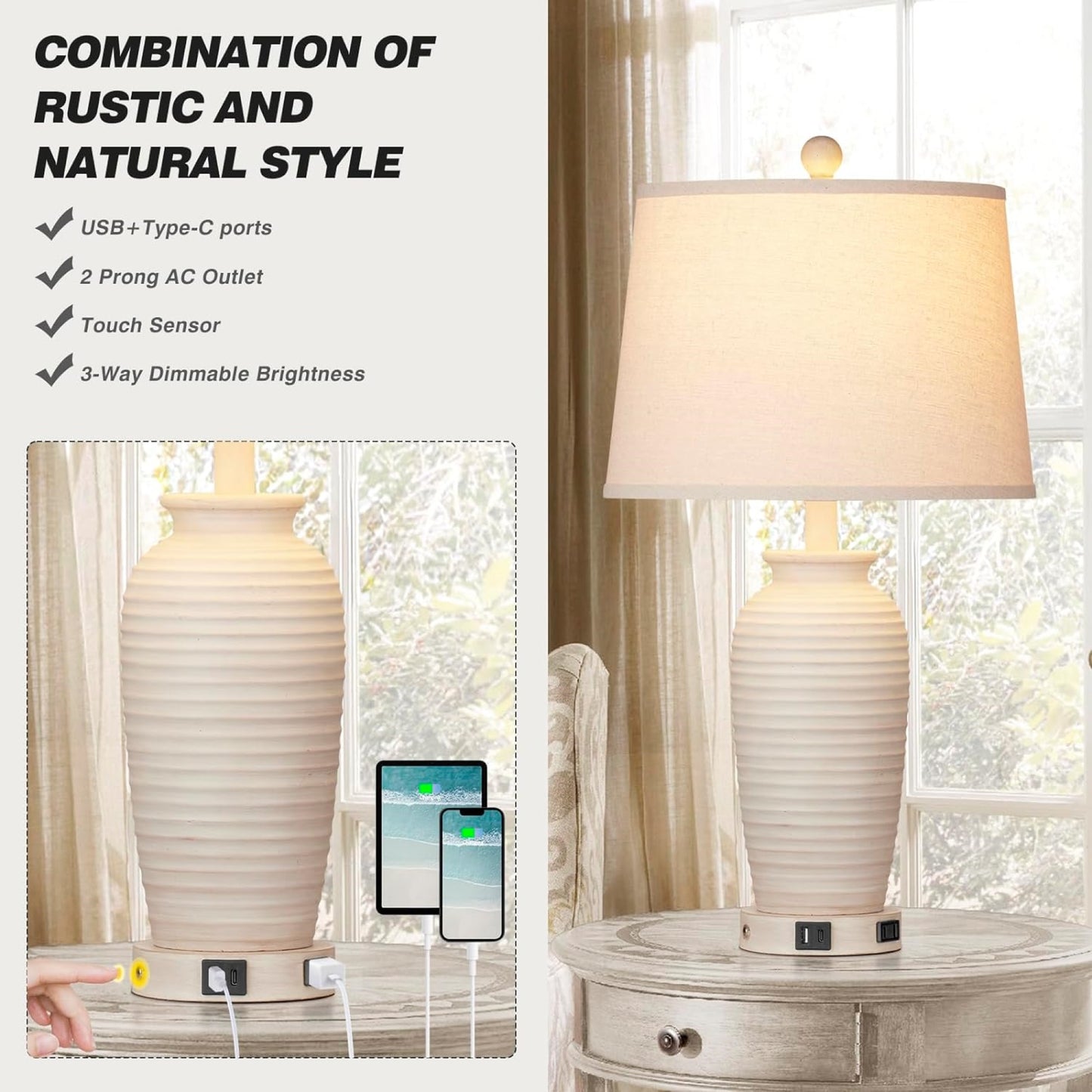 Cinkeda 24" Touch Control Single Table Lamp with USB Type-C Ports AC Outlet Farmhouse White Resin Jar 3 Way Dimmable Nightstand Bedside Lamp for Living Room Bedroom