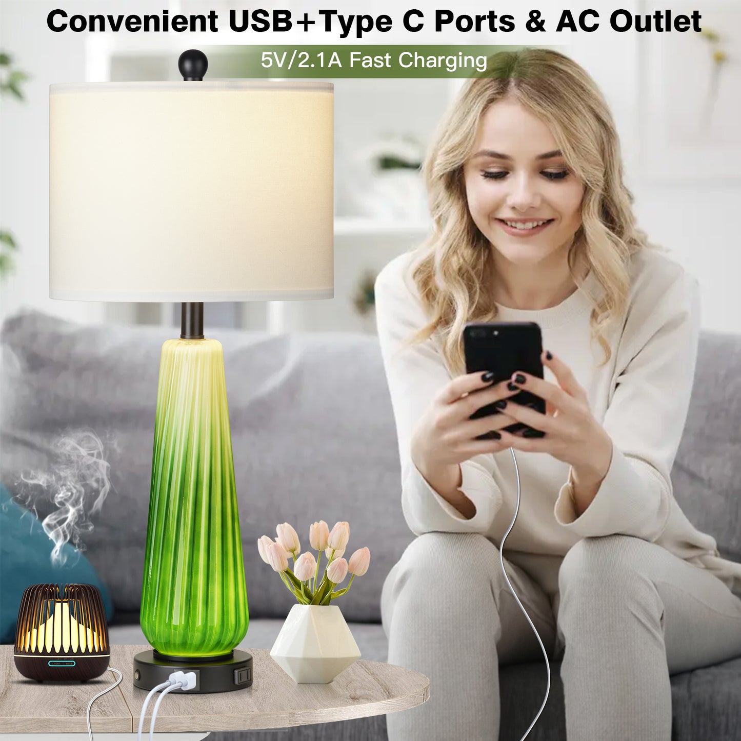 2-in-1 Table Lamps Nightlight in Glass with Green Ripple Style and Rotary Switch & Touch Switch (Set of 2)