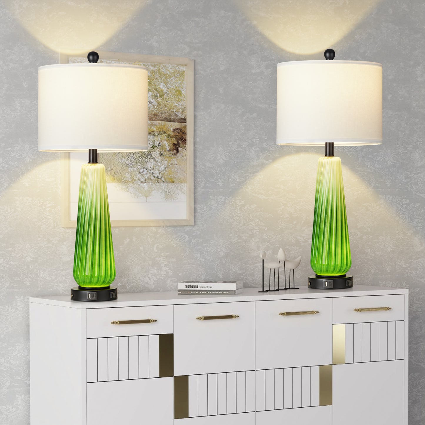 2-in-1 Table Lamps Nightlight in Glass with Green Ripple Style and Rotary Switch & Touch Switch (Set of 2)