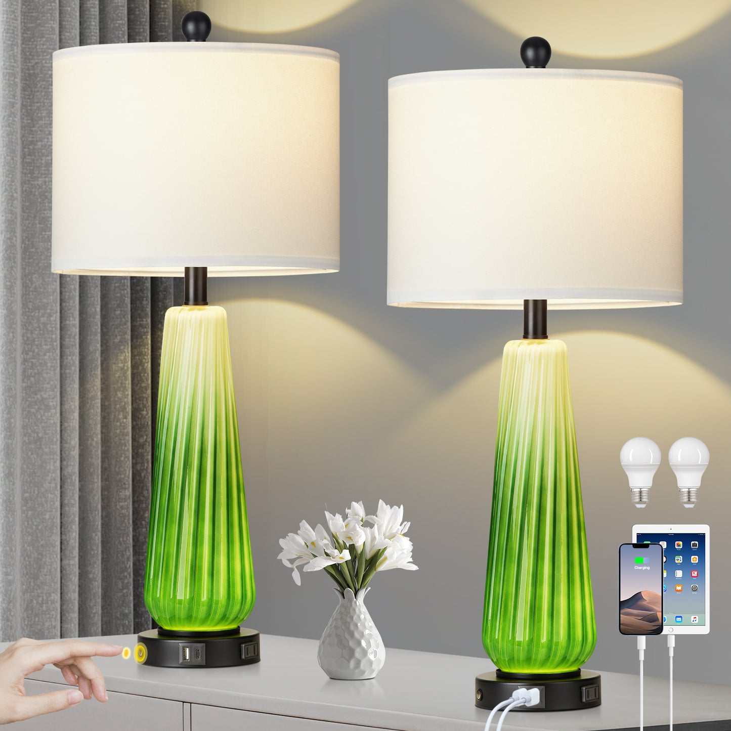 2-in-1 Table Lamps Nightlight in Glass with Green Ripple Style and Rotary Switch & Touch Switch (Set of 2)