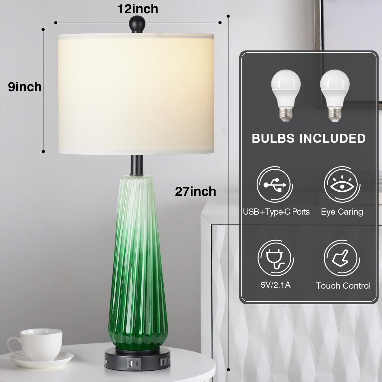 2-in-1 Table Lamps Nightlight in Glass with Green Ripple Style and Rotary Switch & Touch Switch (Set of 2)