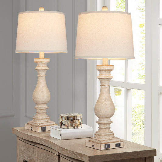 Table Lamps Resin Off-White Vintage Oblique Shade USB Type-C Charging Ports(Set of 2)