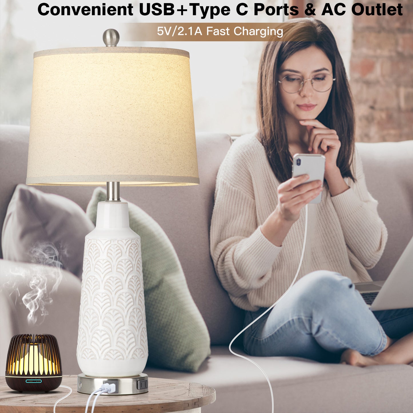 Ceramic White Table Lamps with Ginkgo Leaf Texture and 3 - Way Touch Dimming Switch (Set of 2)