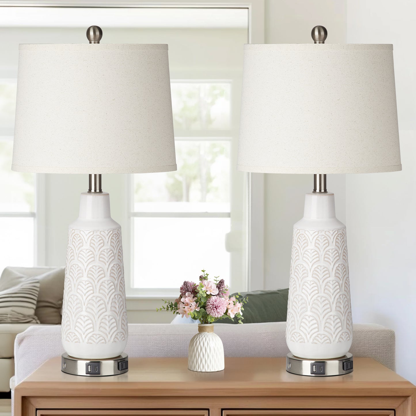 Ceramic White Table Lamps with Ginkgo Leaf Texture and 3 - Way Touch Dimming Switch (Set of 2)