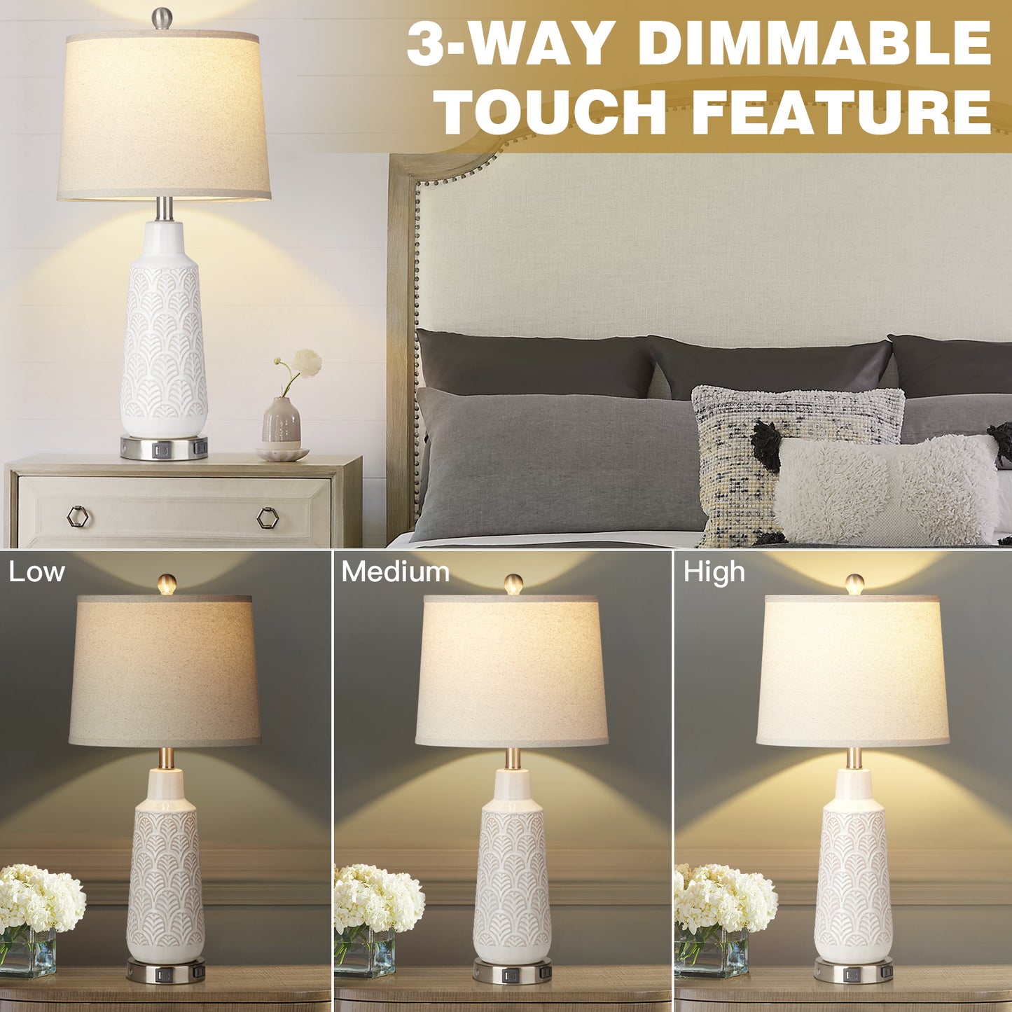 Ceramic White Table Lamps with Ginkgo Leaf Texture and 3 - Way Touch Dimming Switch (Set of 2)