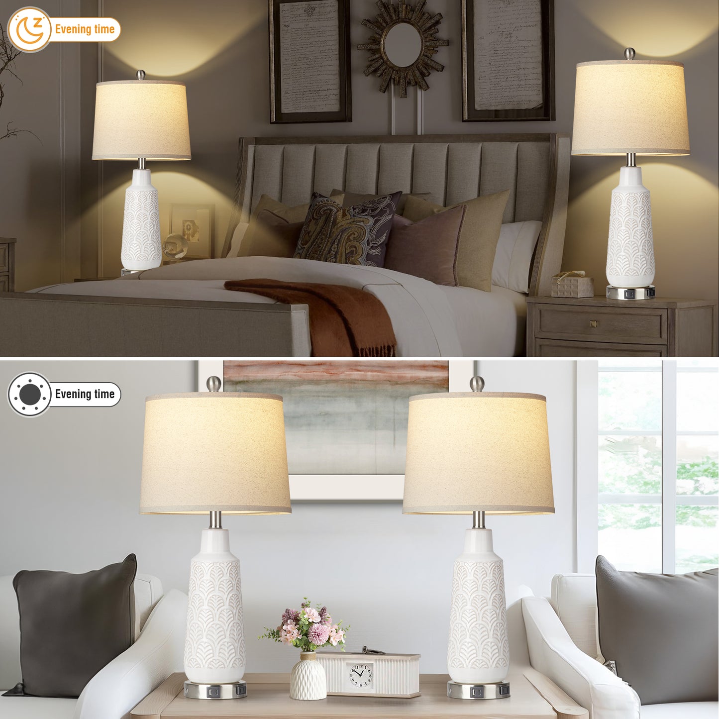 Ceramic White Table Lamps with Ginkgo Leaf Texture and 3 - Way Touch Dimming Switch (Set of 2)