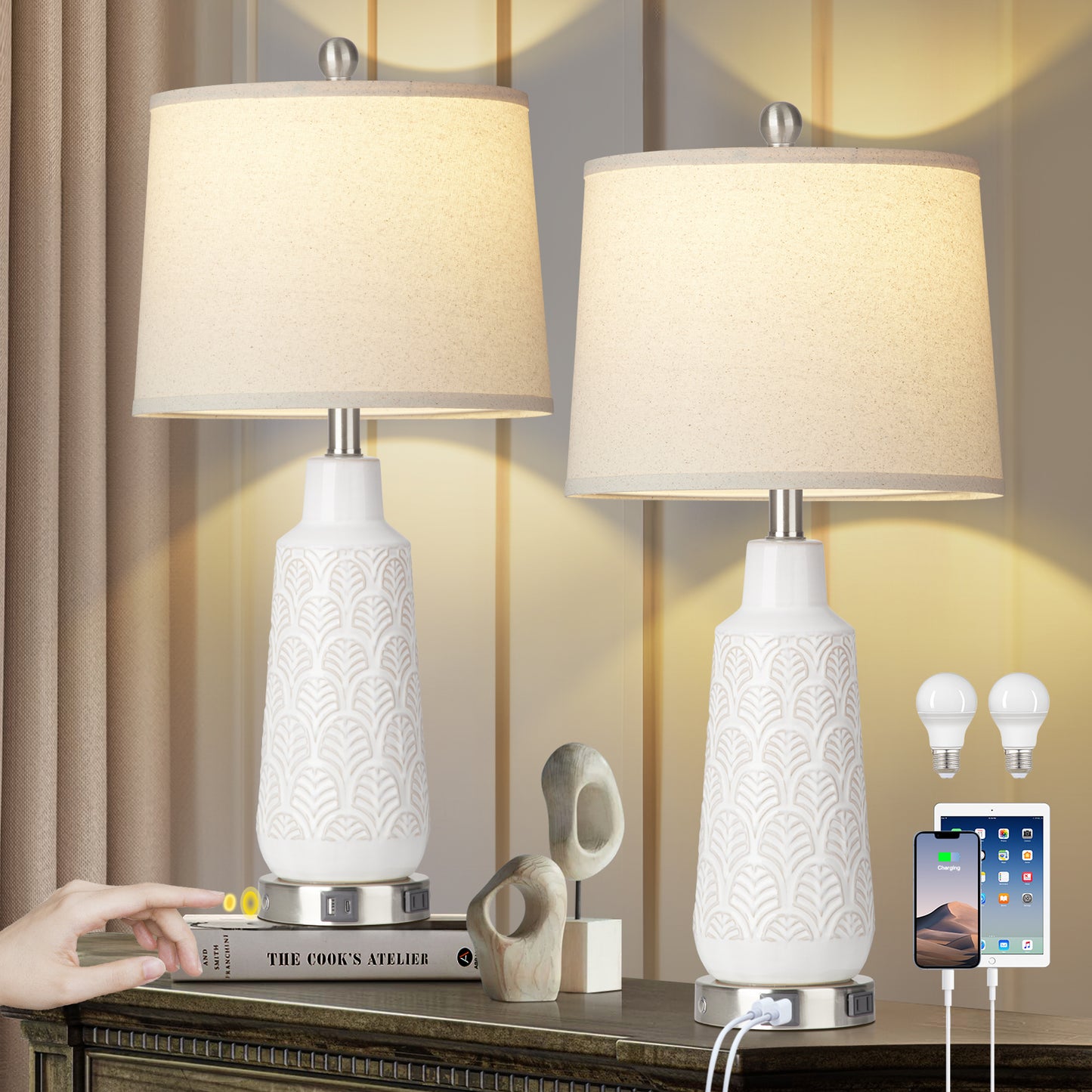 Ceramic White Table Lamps with Ginkgo Leaf Texture and 3 - Way Touch Dimming Switch (Set of 2)