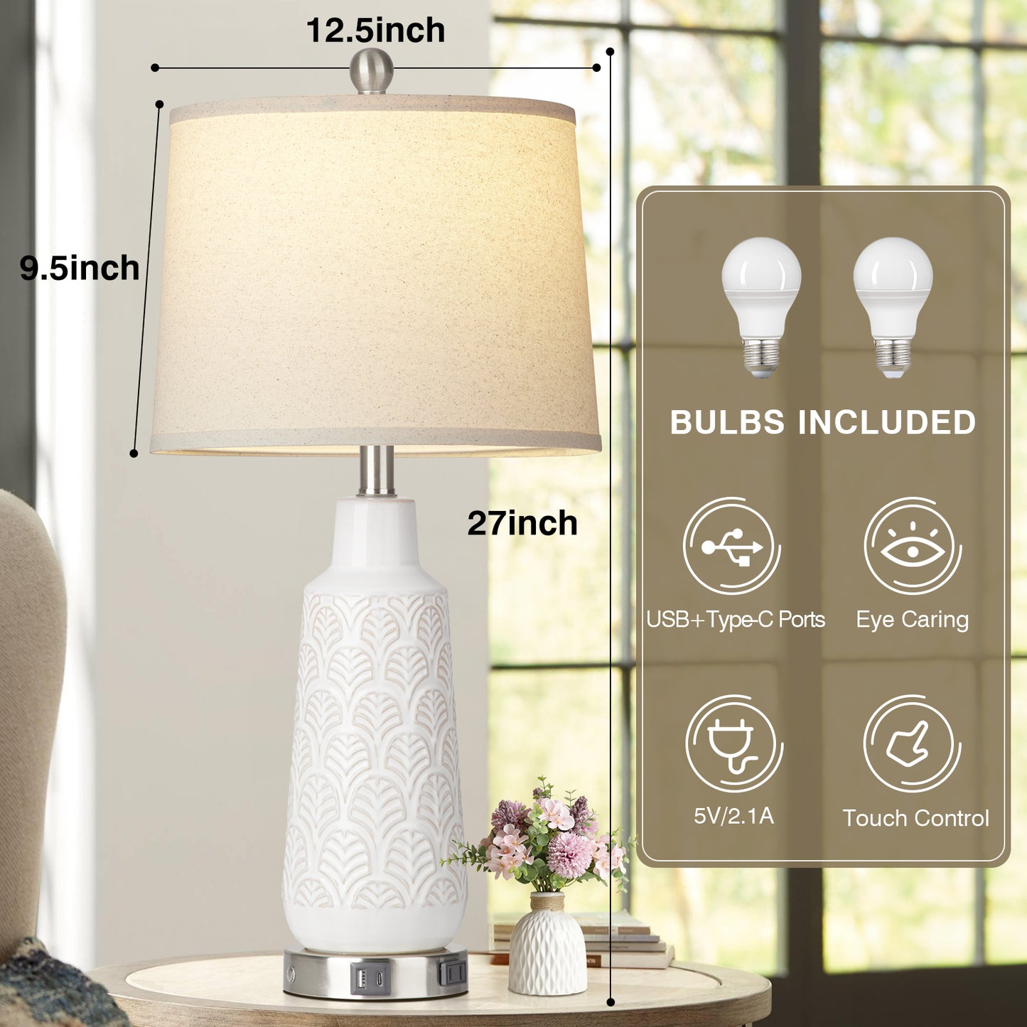 Ceramic White Table Lamps with Ginkgo Leaf Texture and 3 - Way Touch Dimming Switch (Set of 2)