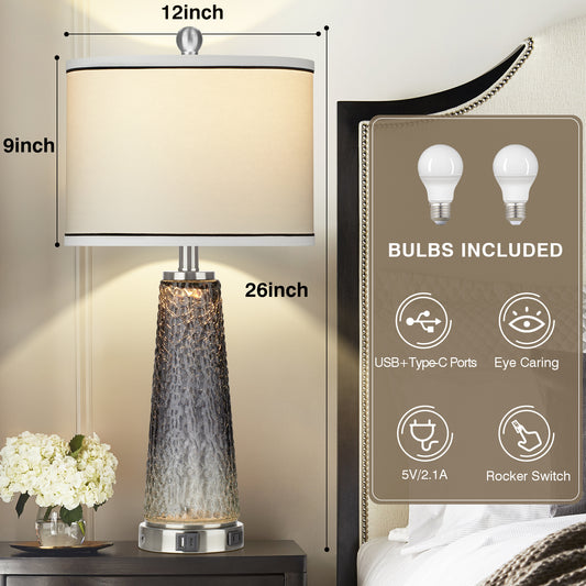 2-in-1 Table Lamps & Nightlight, Grey Glass, with Charging Ports and 2-Way Touch Switch (Set of 2)