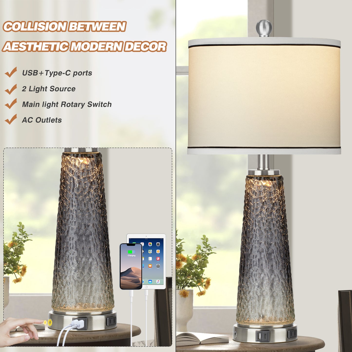 2-in-1 Table Lamps & Nightlight, Grey Glass, with Charging Ports and 2-Way Touch Switch (Set of 2)