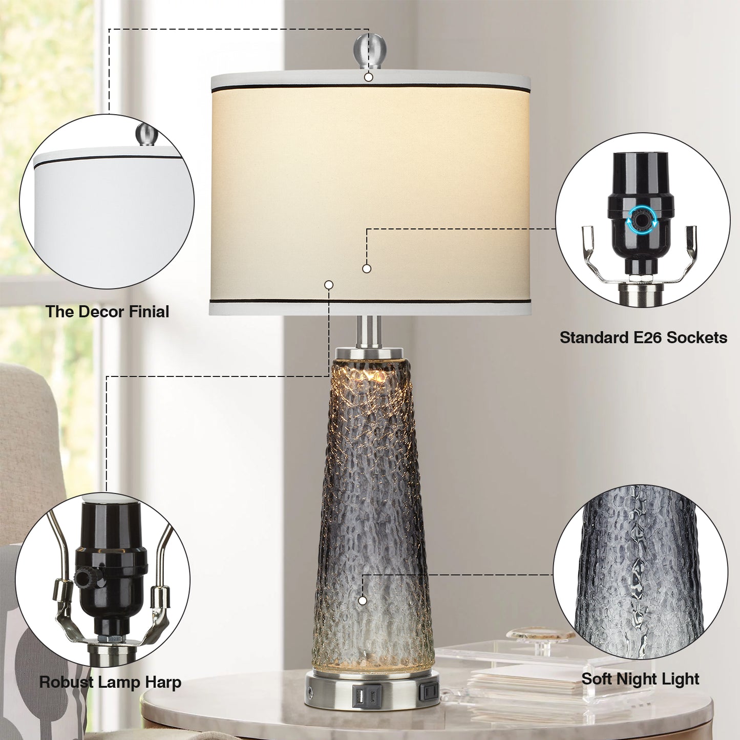 2-in-1 Table Lamps & Nightlight, Grey Glass, with Charging Ports and 2-Way Touch Switch (Set of 2)