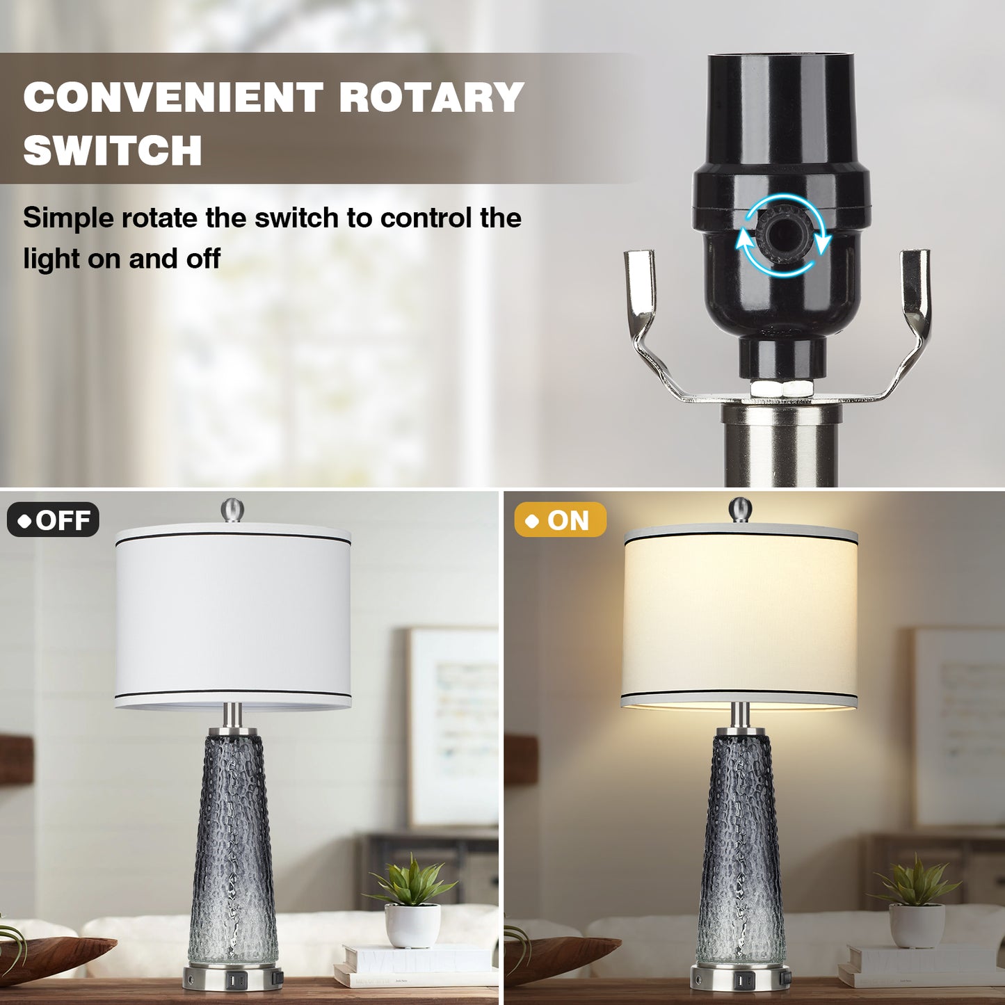 2-in-1 Table Lamps & Nightlight, Grey Glass, with Charging Ports and 2-Way Touch Switch (Set of 2)