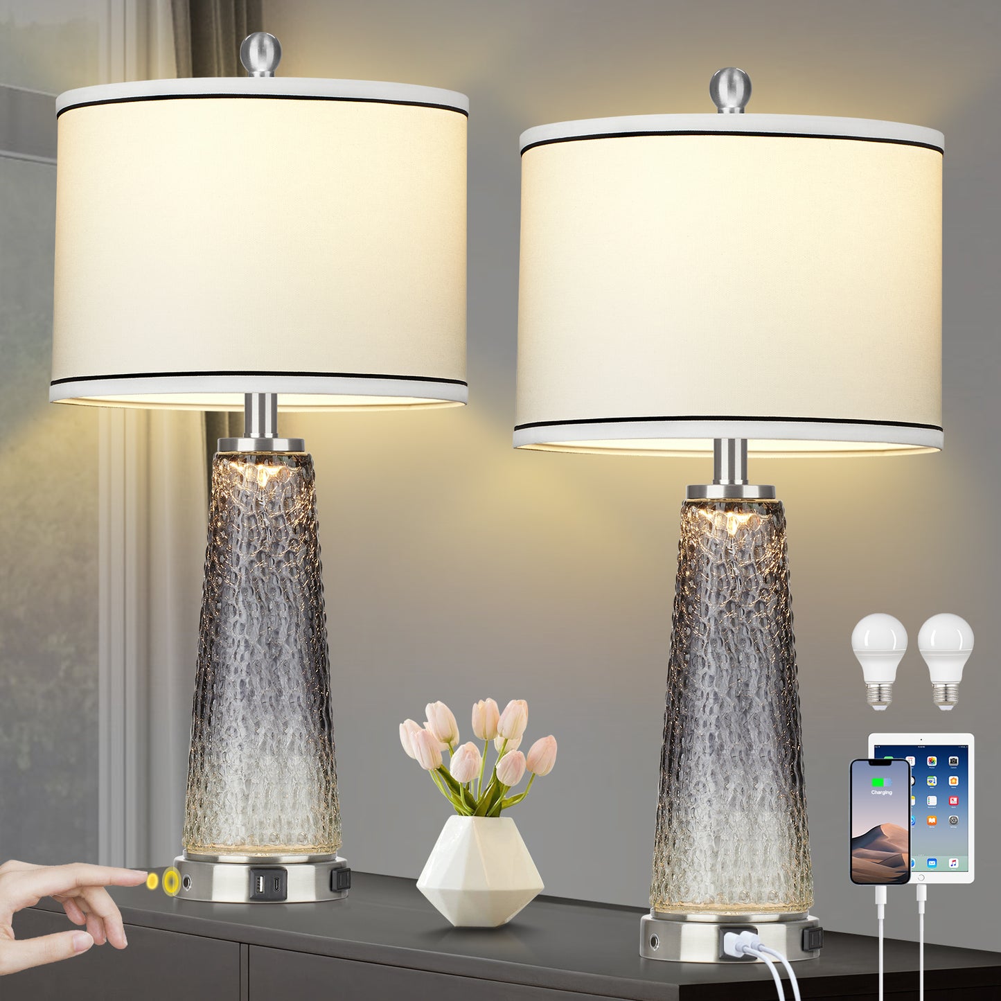 2-in-1 Table Lamps & Nightlight, Grey Glass, with Charging Ports and 2-Way Touch Switch (Set of 2)