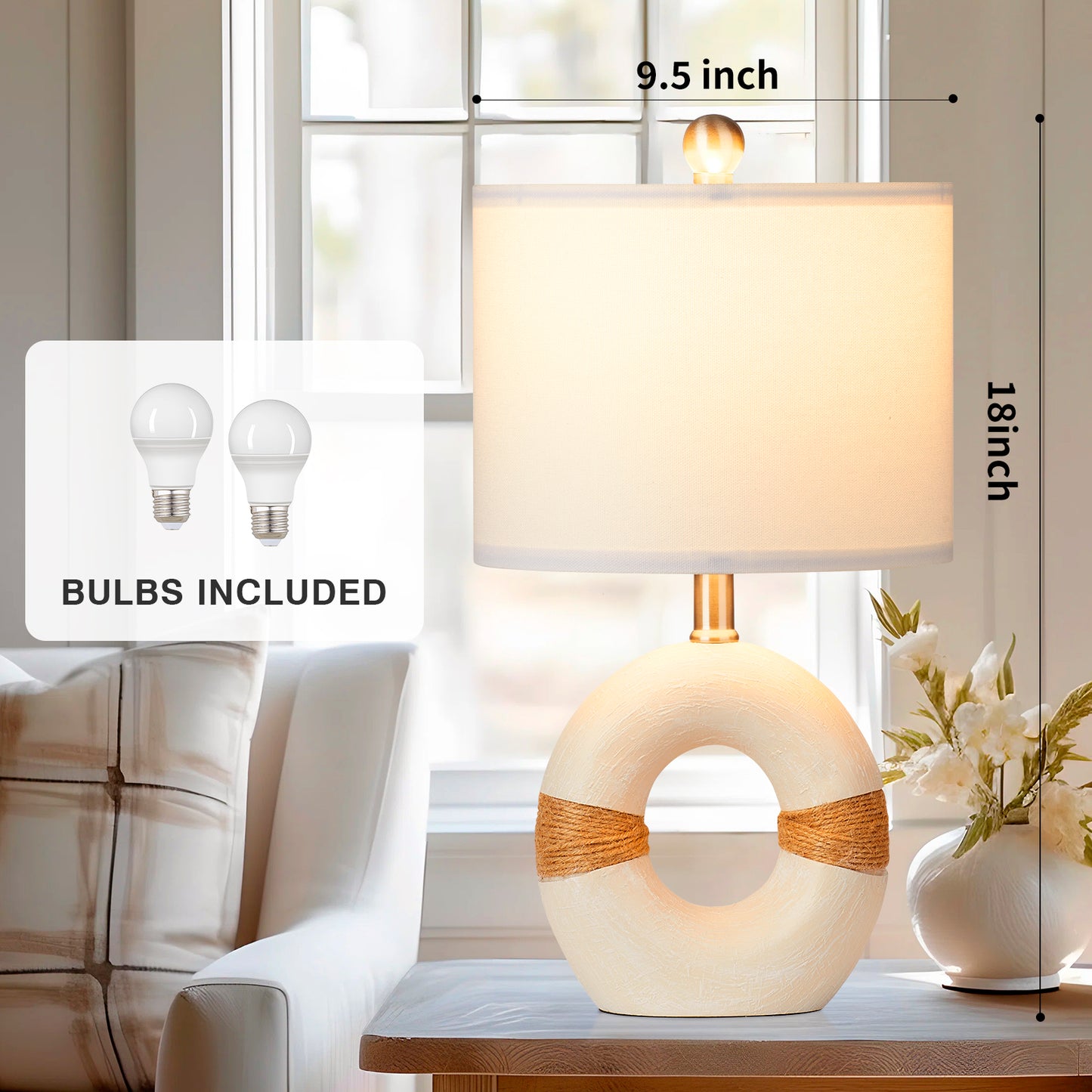 Table Lamps Resin White Donut Style Rotary Switch Jute Rope Accessory(Set of 2)