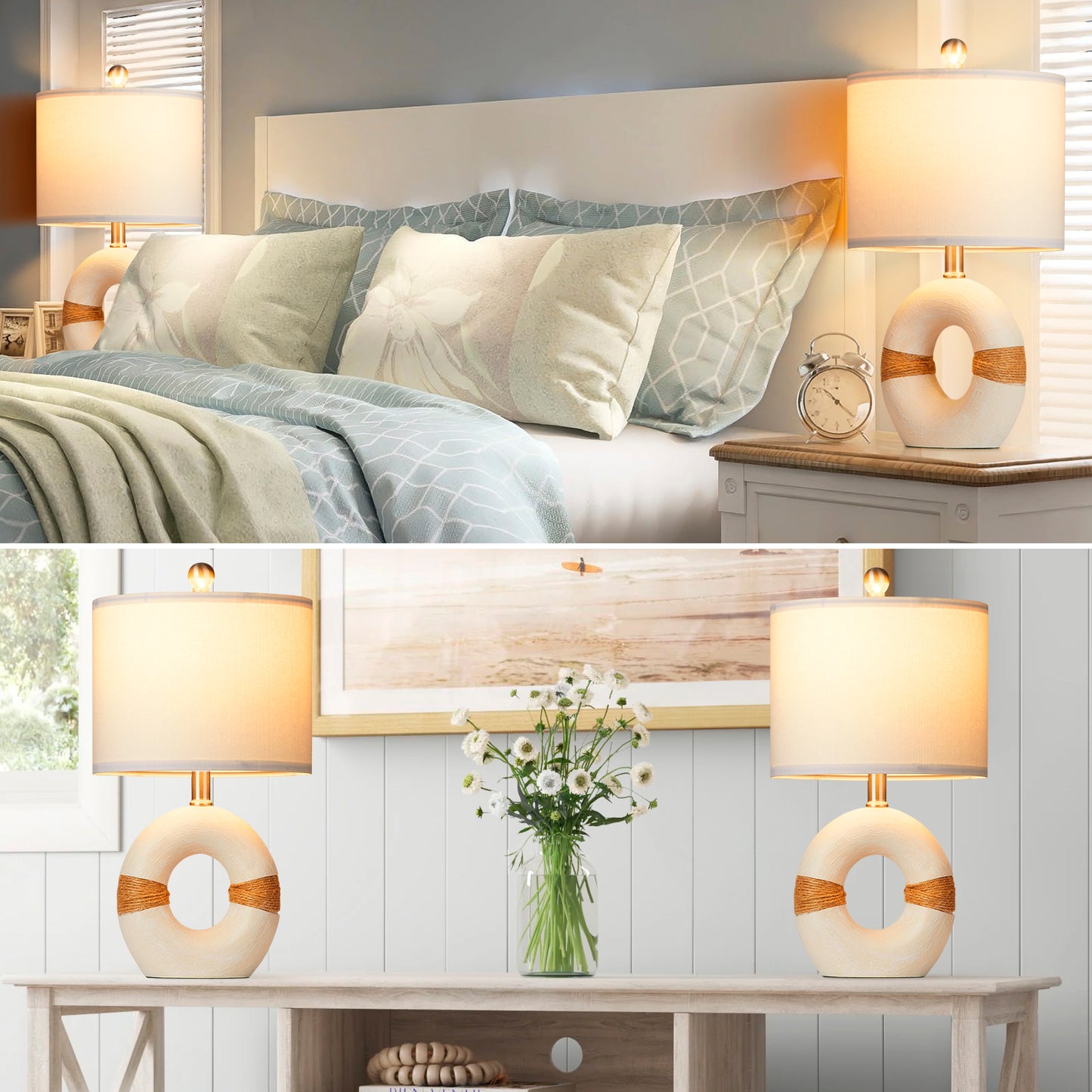 Table Lamps Resin White Donut Style Rotary Switch Jute Rope Accessory(Set of 2)