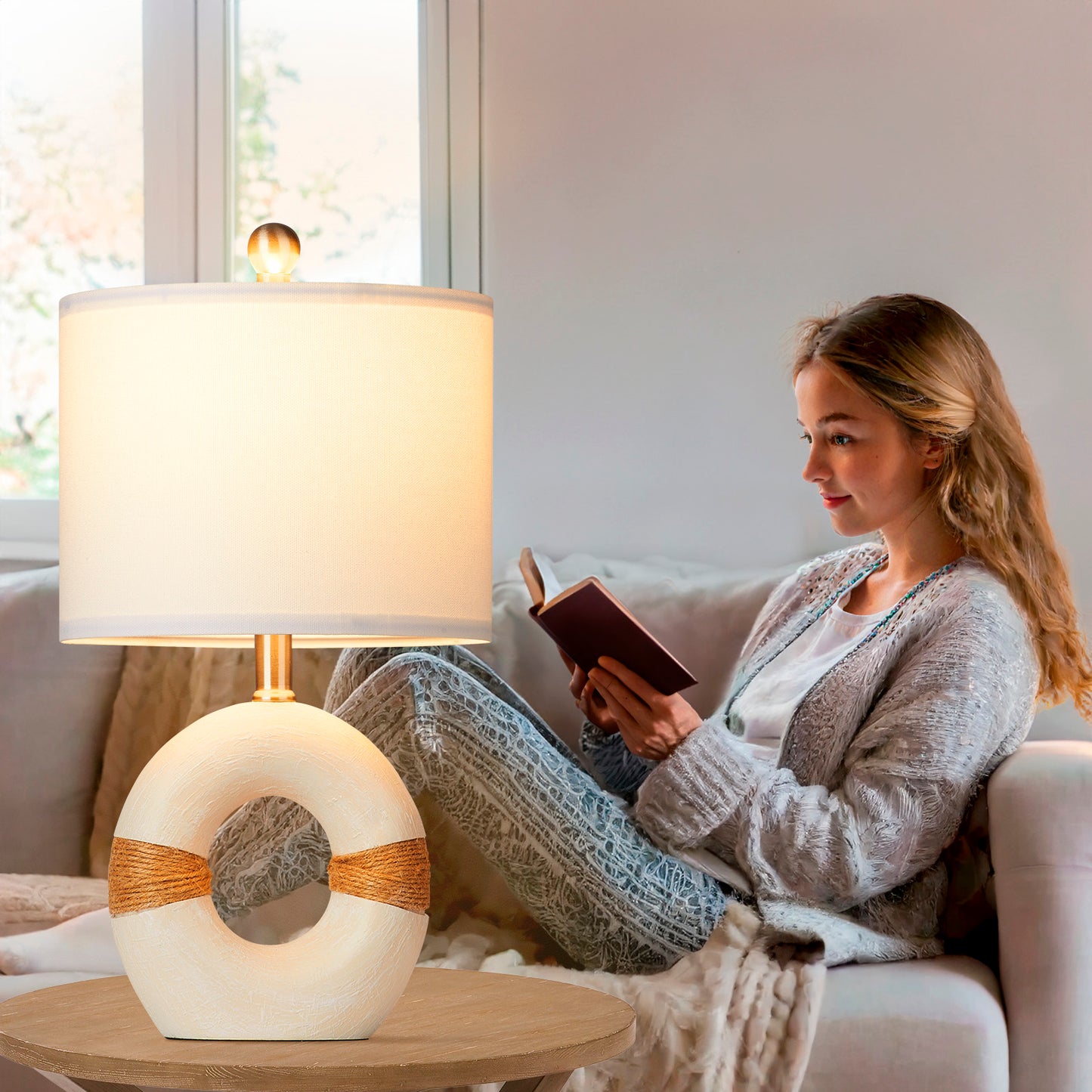 Table Lamps Resin White Donut Style Rotary Switch Jute Rope Accessory(Set of 2)